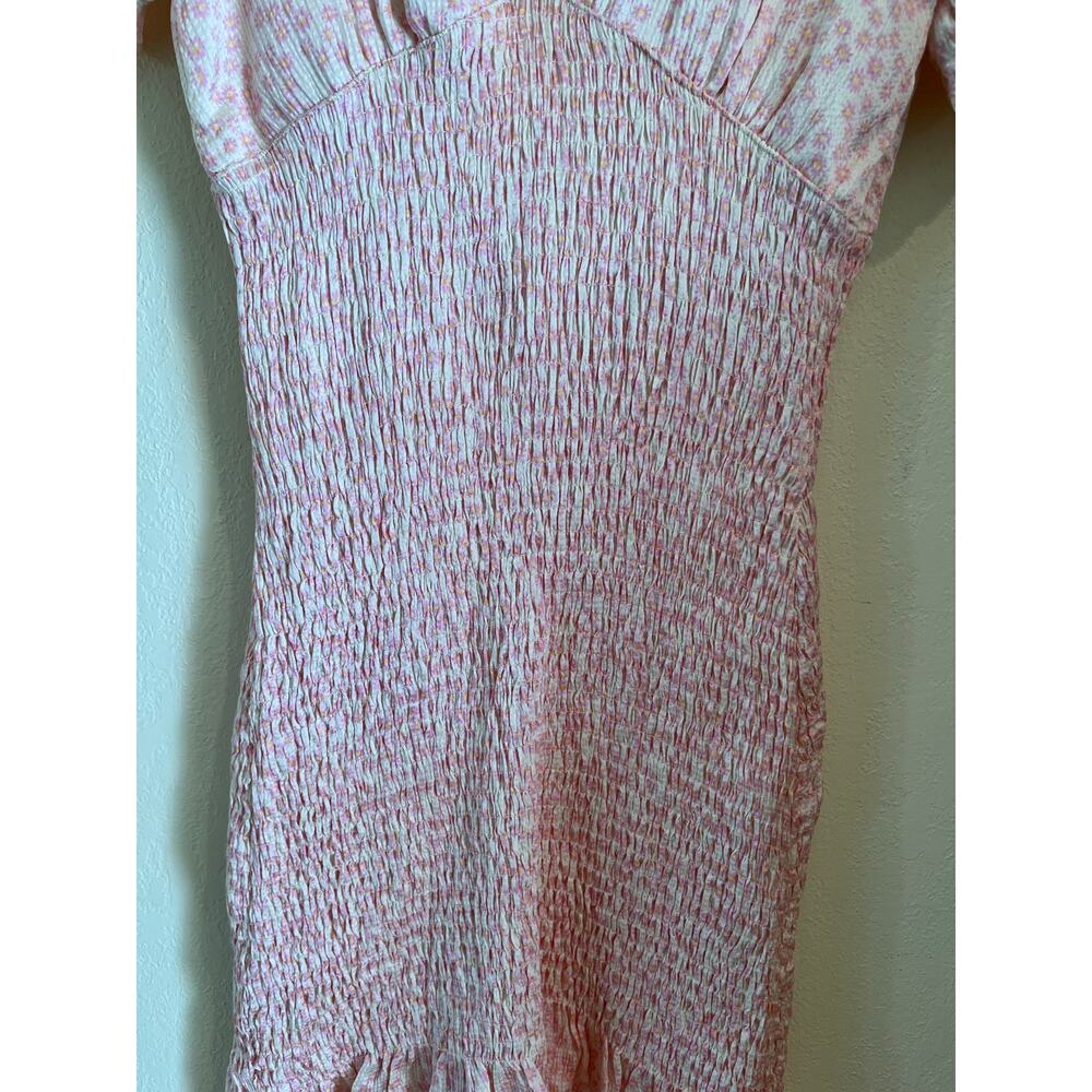 Zara Womens Small Smocked Short Sleeves Mini Dress Pink White Floral Print